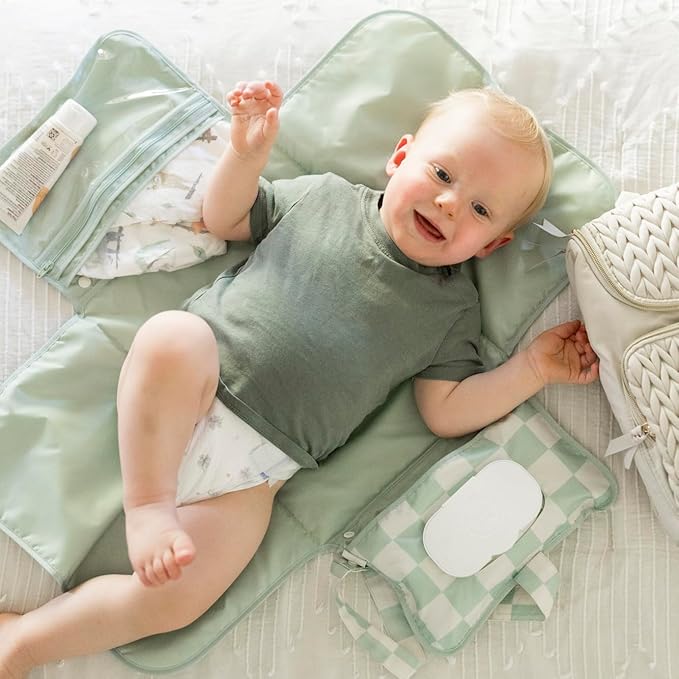 Tiny Twinkle Portable Diaper Changing Pad-Foldable Waterproof Changing Mat&Portable Changing Pad for Travel,Baby Changing Station with Smart Wipes Pocket&Storage (Sage Checkers)