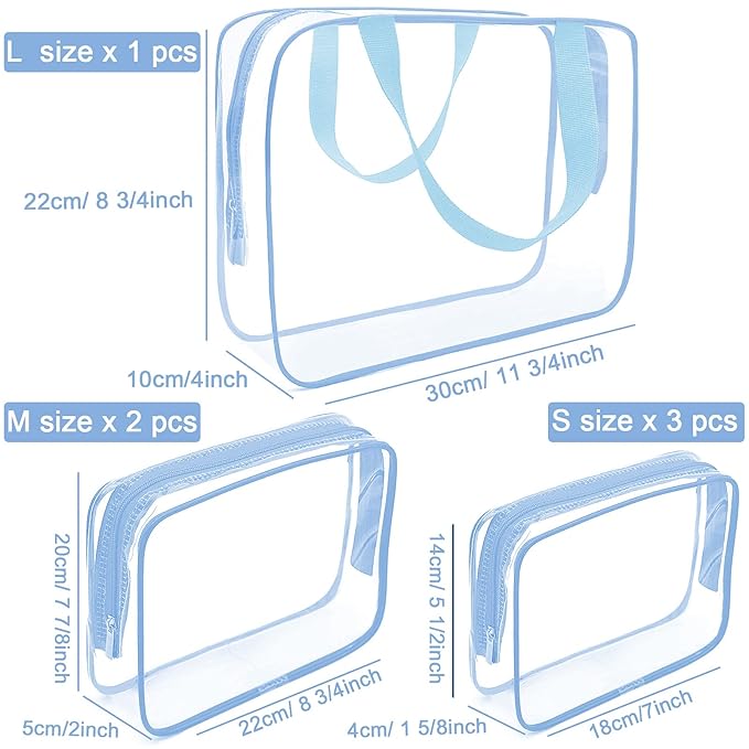 APREUTY Clear Makeup Bags, TSA Approved 6 Pcs Cosmetic Makeup Bags Set Clear PVC with Zipper Handle Portable Travel Luggage Pouch Airport Airline Vacation Organization (Haze Blue)