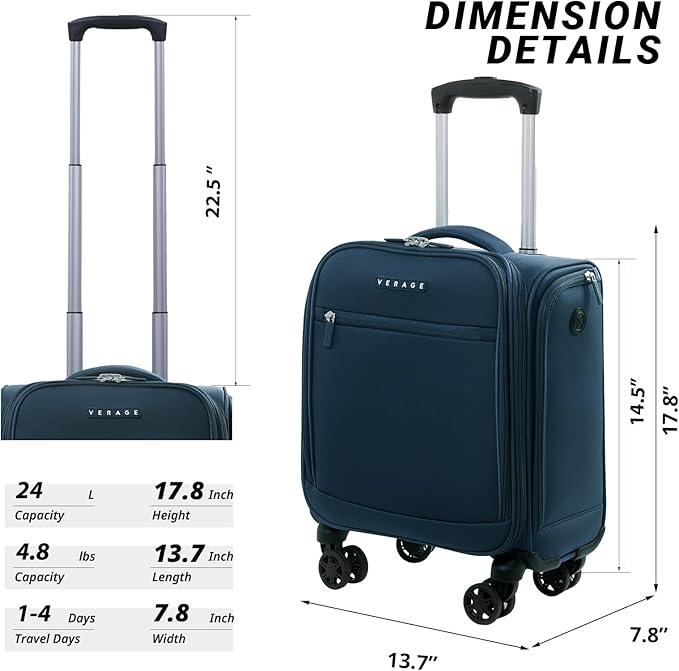 Verage Underseat Carry On Luggage with Wheels, 14.5-Inch Spinner Small Suitcase, Softside Lightweight Travel Bag for Men and Women, Airplane Carry On Bag, Nautical Blue