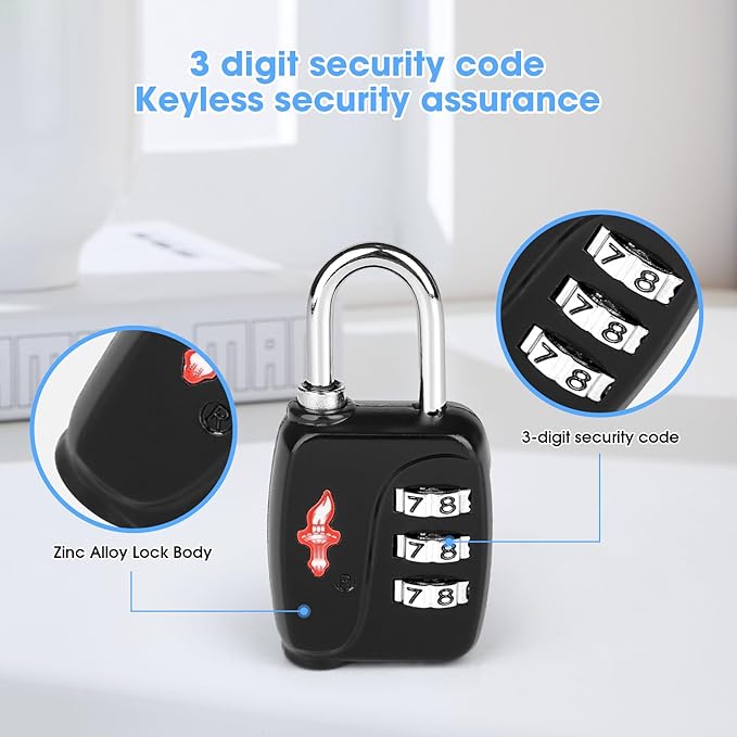 TSA Locks 4-Pack - Ultra Lightweight Travel & Gym Combo Locks (54g Each!), TSA Approved Secure Luggage Locks for Suitcases, School Backpacks, Lockers - 3-Digit Code, 2.36in Compact Design
