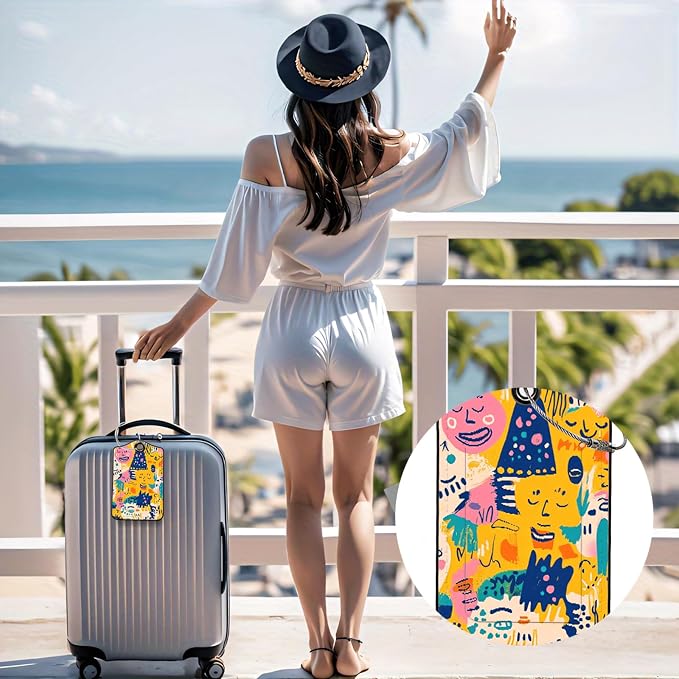 Luggage Tags for Suitcases, 2-Pack PU Leather for Cruise & Travel, Baggage ID Tags with Privacy Cover & Address Card, Durable Metal Ring, Kids Adults Travel Accessories, Abstract Joy Faces