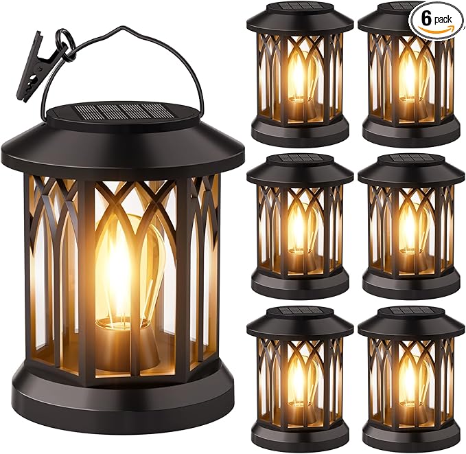 6 Pack Solar Lanterns Outdoor Waterproof - Hanging Lanterns Decorative Outdoor Patio Decor with Clip Solar Lantern for Outside - Outdoor Lanterns for Patio Garden Waterproof Gifts for Women Mom Family