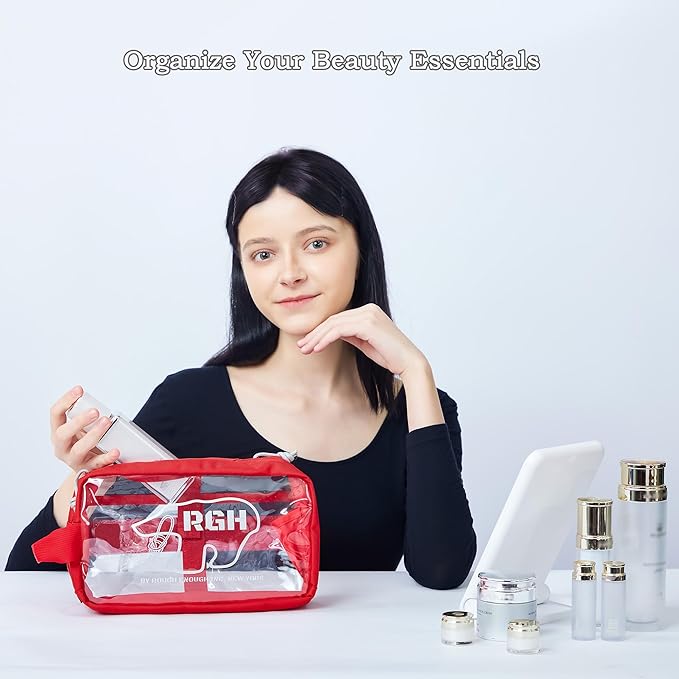 Rough Enough Clear Toiletry Bag Travel Cosmetic Makeup Toothbrush Case Pouch Organizer for Women Men Leakproof Traveling Essentials Red