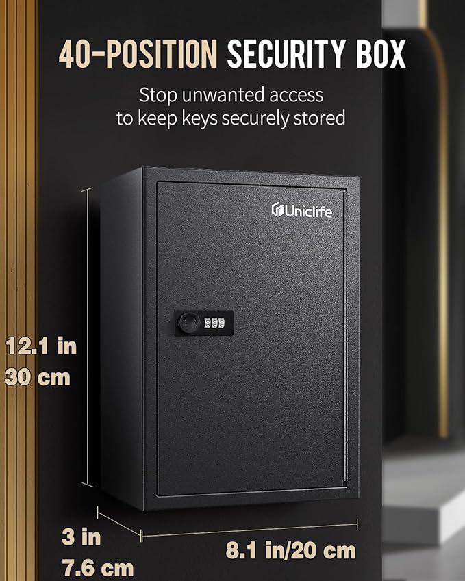 Uniclife 40 Position Slotted Key Cabinet with Combination Lock Resettable Black Digital Security Storage Box Steel Key Organizer with Slotted Racks White Key Tag Labels and Permanent Pen