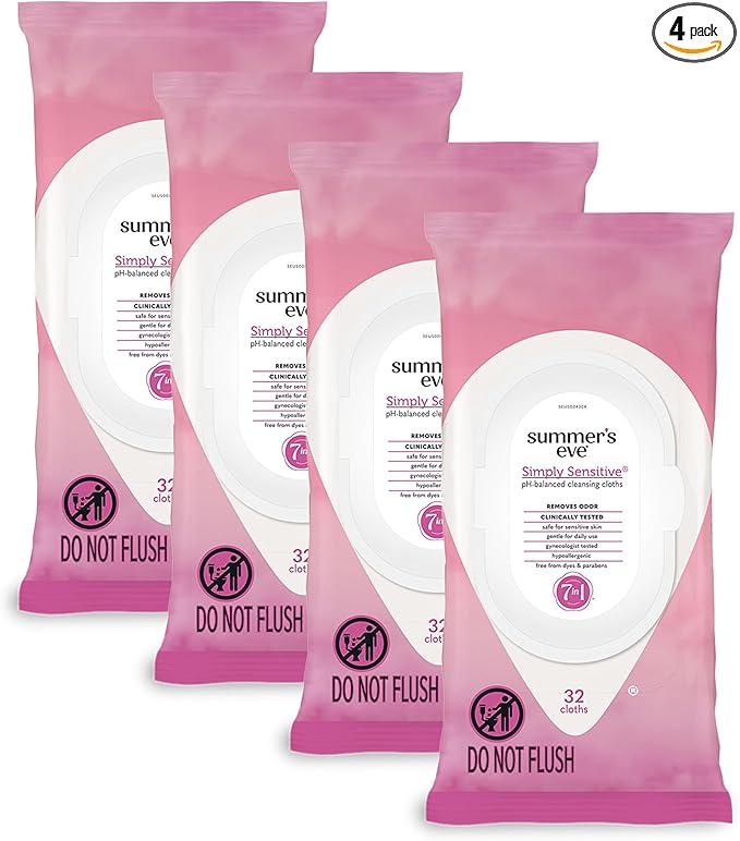 Summer's Eve Simply Sensitive Daily Gentle Feminine Wipes, Removes Odor, pH balanced, 32 count, 4 Pack