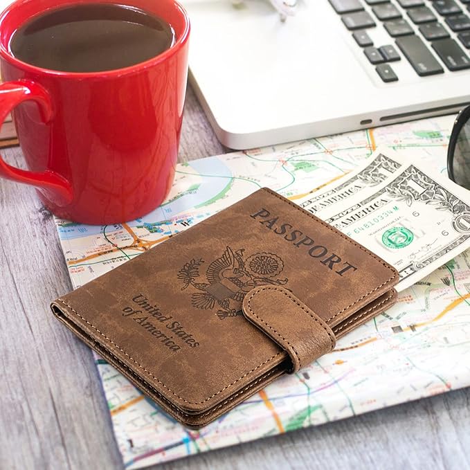 TIGARI Passport Holder for Travel Women Men, PU Leather Waterproof RFID Passport Holder Wallet Cover Case Sleeve, Family Vacation Plane Cruise Travel Document Organizer Essentials-Brown