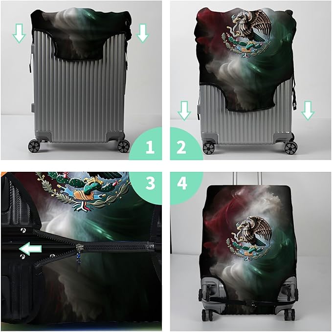 Luggage Cover + Tag, Mexican Flag Eagle Travel Suitcase Protector for 22-24 inch Luggage (M) with Concealed Zipper, Washable Elastic Cloth, Dustproof, Anti-Scratch