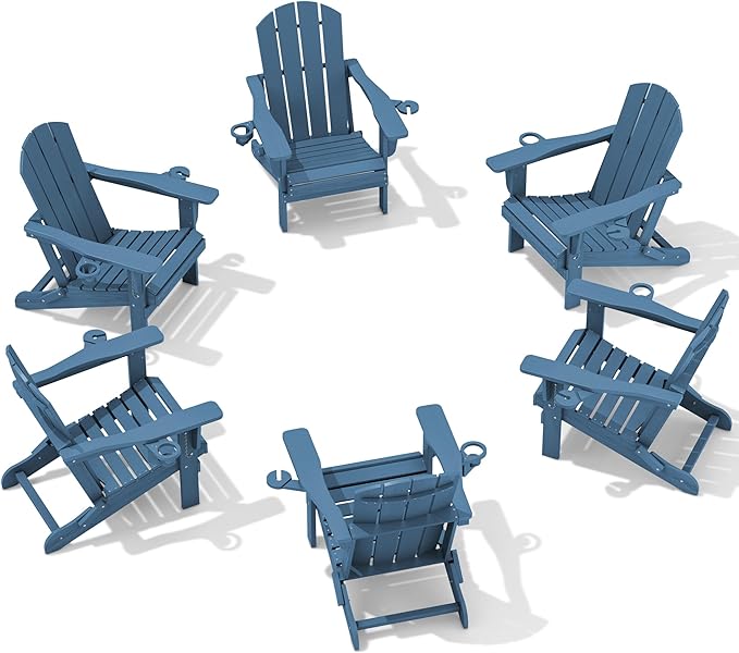 SERWALL Folding Adirondack Chair, HDPE Adirondack Chairs Set of 6, Plastic Outdoor Chairs- Looks Exactly Like Real Wood- Navy