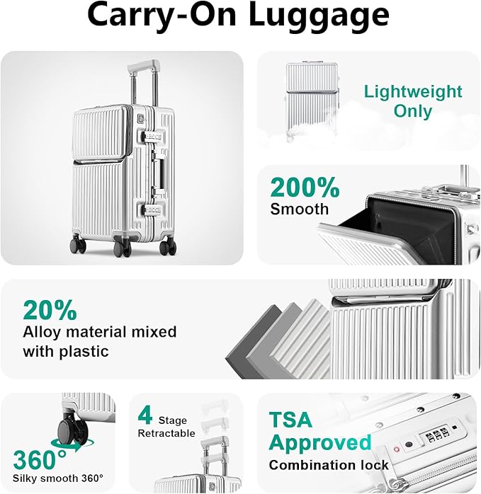 Hard Shell Luggage 20 Inch Travel Suitcase, 22x14x9 Airline Approved with TSA Lock, ABS Aluminum Frame, Lightweight Travel Luggage 20'' 24'' 26'' Carry-on Luggage (Upgraded Silver, 20 Inch)