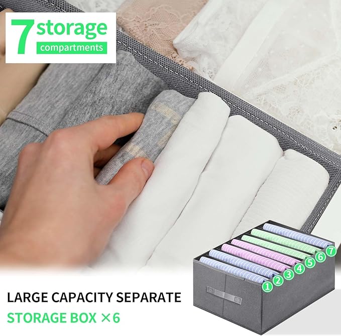 Jeans Organizer for Closet, Foldable Wardrobe Clothes Organizer with Handle, Stackable Closet Clothes Drawer Organizer Tshirts with 7 Grids for Leggings, Sweater, Jean, Pants, Grey (6 PACK)