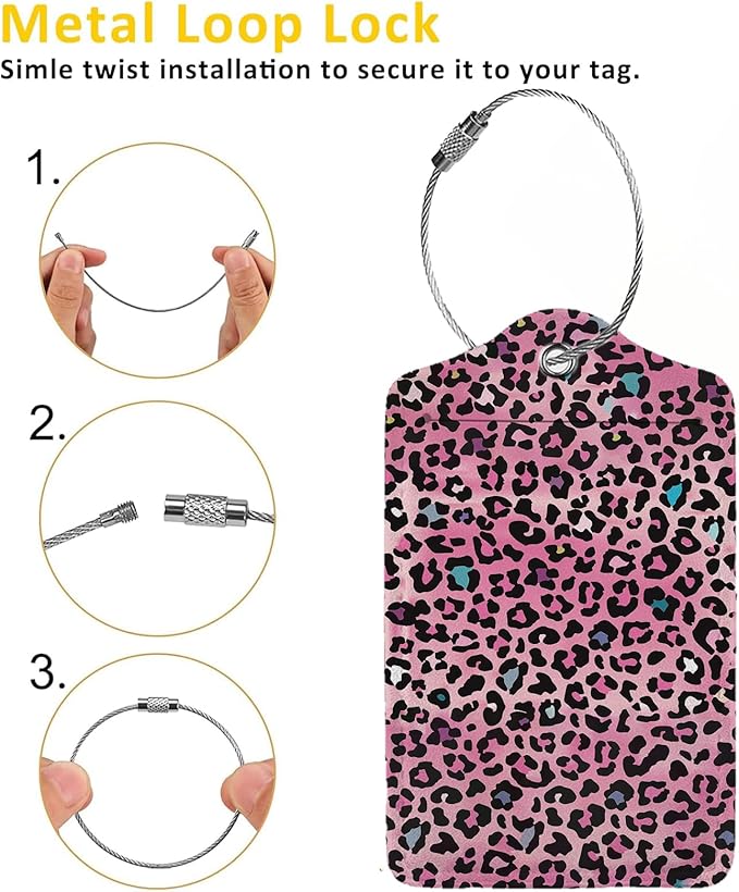 Pink Leopard Print Luggage Tags for Suitcases,2 Pack Luggage Tag, Leather Stainless Steel Loop Label Tag for Women Girl Travel Bag Suitcase