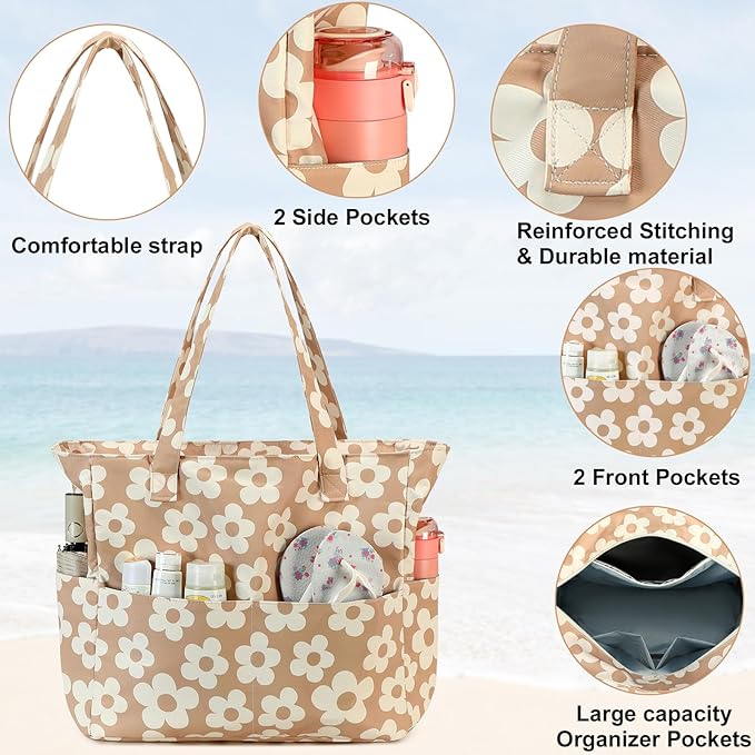 CAMTOP Waterproof Beach Tote Bag for Women Girls with Zipper Foldable Sandproof Pool Swim Bag Travel Carry On Gym