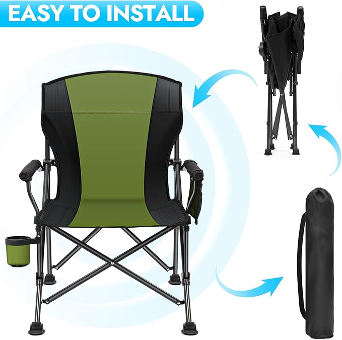 2 Pack Oversized Folding Camping Chair for Adults, Supports 450 LBS Camping Chairs, Heavy Duty Camping Chair with Side Pockets, Foldable Outdoor Chair for Camping, Beach, Fishing, Hiking, Green-Black
