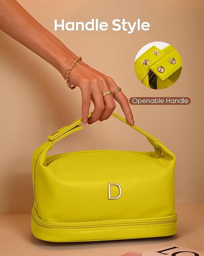 Trendy Gifts for Women, Personalized Makeup Bag with Handle, Initial Double Layer Cosmetic Bag with Makeup Brush Organizer, Cute Cosmetic Pouch for Women, Gifts for Friends Female Mom