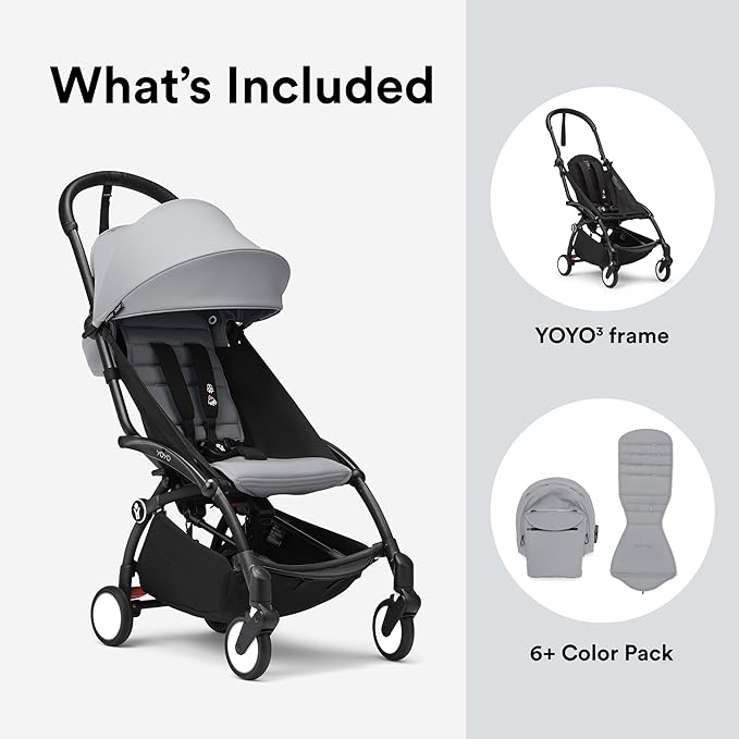 Stokke YOYO3 Stroller from 6 Months - Includes Black Frame/Stone Seat Cushion + Canopy - Folds in & Out in a Flash - Light & Compact - Carry-On Compatible