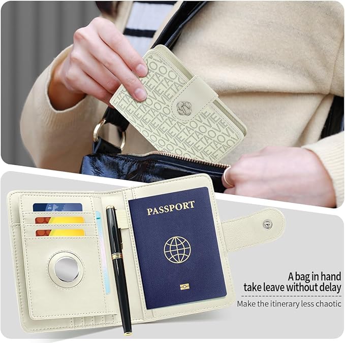 Passport Holder Wallet Bag with AirTag Holder, Card Slots Passport Solt Ticket Cash Solt, Photo Solt Sim Card Pen Slot.White