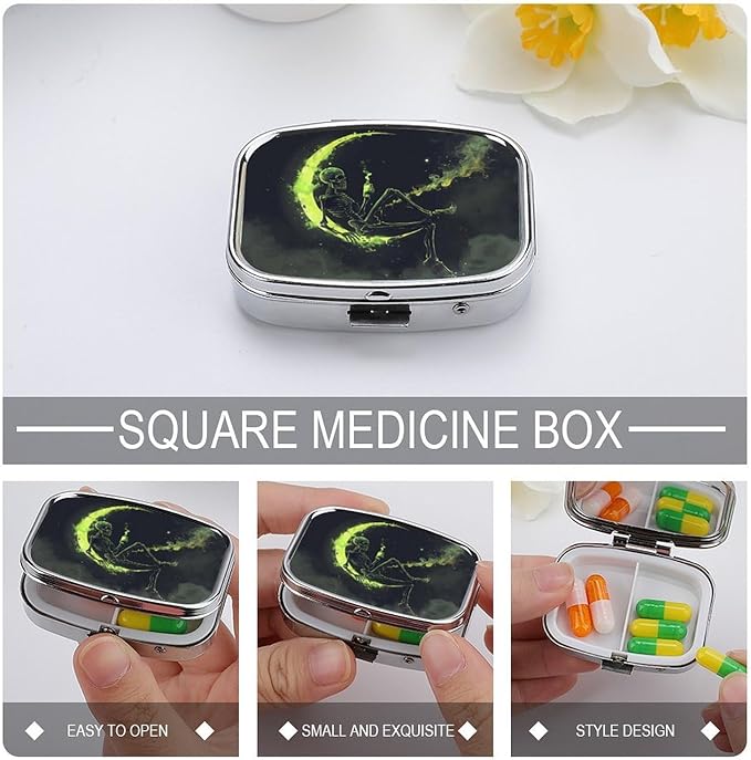 Metal 2 Compartment Pill Organizer Travel Friendly Portable Compact Pill Box Cute Pill Case to Hold Vitamins,Fish Oil,Supplements,Meds,Tablet for Purse,Pocket. (The Skeleton on The Moon)