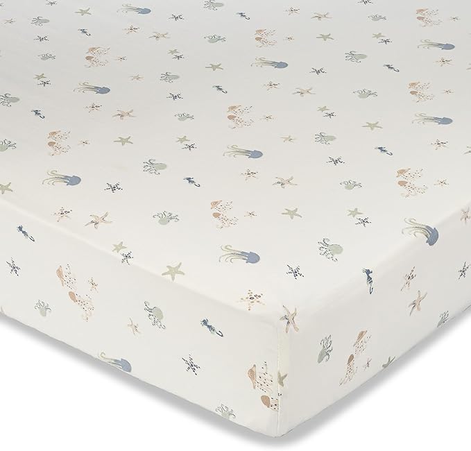 Crane Baby 100% Cotton Animal Nursery Sheet with Jellyfish Design, Neutral Crib Sheets, Fitted Toddler Sheet, 28" x 52"Standard Size Sea Life Crib Sheet