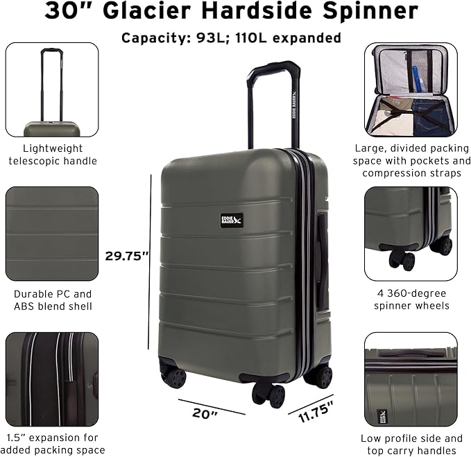 Eddie Bauer Glacier Carry-On 22" and Checked 30" Luggage | Hardside | Spinner Wheels | Expandable | Lightweight | Travel Essentials - Sprig Green