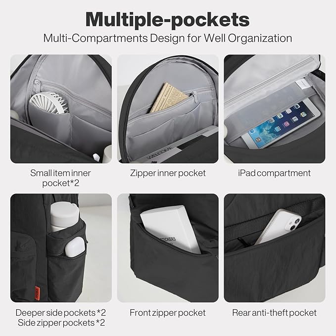 mixi Outdoor Lightweight Backpack Casual Carry On Laptop Backpack Travel Bookbag for Women Men, Water Resistant Durable Small Hiking Bag for Camping Weekender Sports College Work, 15 Inch, Black