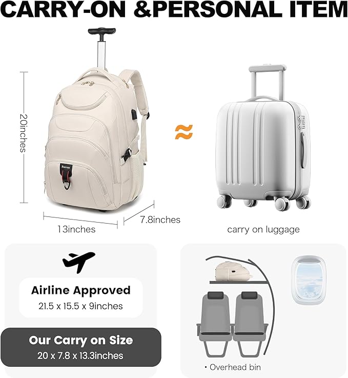 Boavan Rolling Backpack for Women, 17.3 Inch Wheeled Laptop Backpack,Large Travel Carry-On Bag for Teachers College Students, USB Charging Port Waterproof Business for Airplane Overnight Luggage，Beige