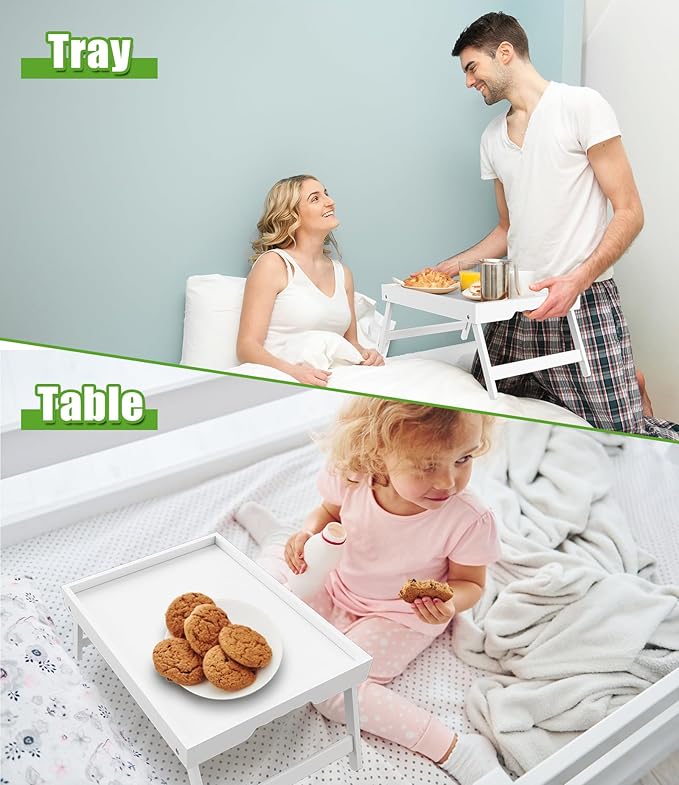 Bed Tray Table with Folding Legs,Bamboo Breakfast in Bed for TV Table,Tray,Eating,Snack Tray,Laptop Computer (White, Medium)