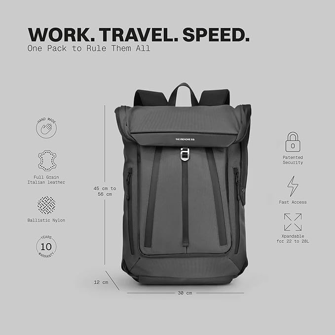 The Frenchie Co. - Work/Travel Speed Backpack - Expandable 23 to 30 liters - Anti-theft magnetic closure - Ballistic nylon with padded laptop compartment and minimalist professional design