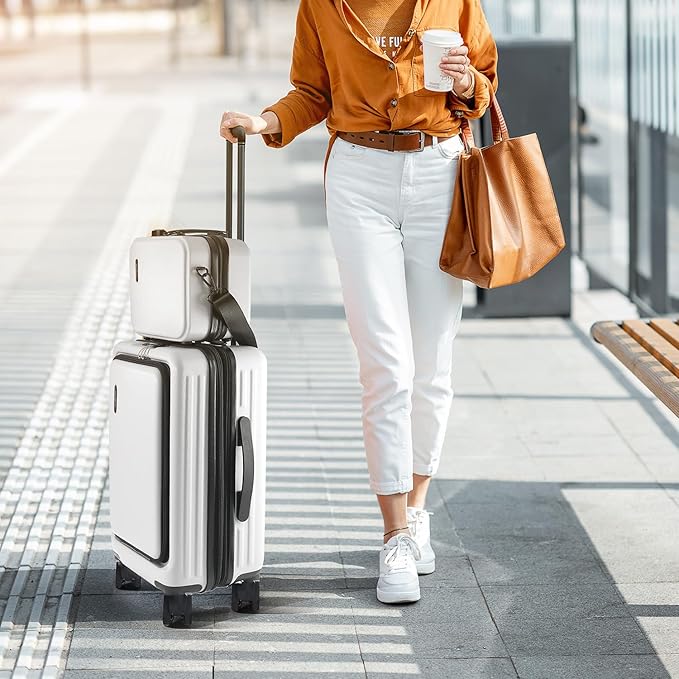 22 Inch Carry On Luggage 22x14x9 Airline Approved, Carry On Suitcase with Wheels, Hard-shell Carry-on Luggage, Durable Luggage Carry-On, White Small Suitcase with Cosmetic Case