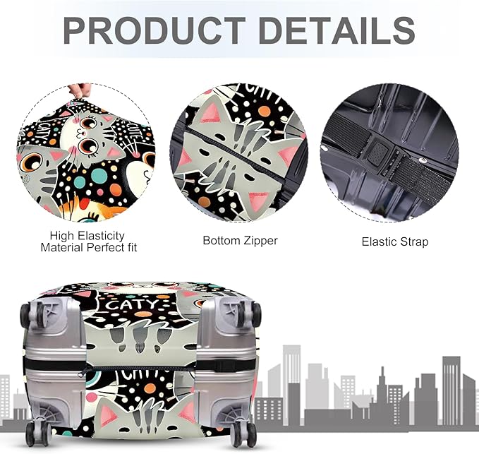 ANNA QUEEN Cute Cat Luggage Cover, Kawaii Cartoon Kitty Suitcase Protector with Colorful Polka Dot Design, Stretchable, Washable Travel Cover for 32-34 Inch Luggage