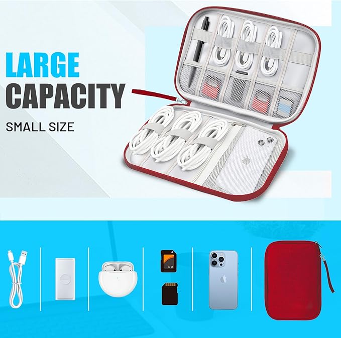 Travel Cable Organizer Bag, Electronics Organizer Tech Pouch with Double Layers for Cords, Chargers, Phone, Earphones, USBs, SD Cards - Travel Essentials Portable Waterproof Tech Pouch