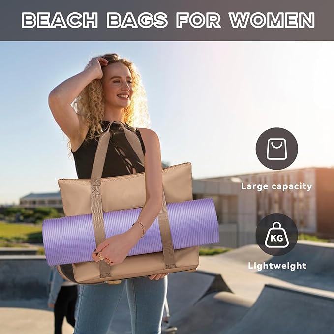 LEDAOU Beach Bags for Women, Beach Bags Waterproof Sandproof, Packable Beach Tote Bag with Zipper Travel Sports