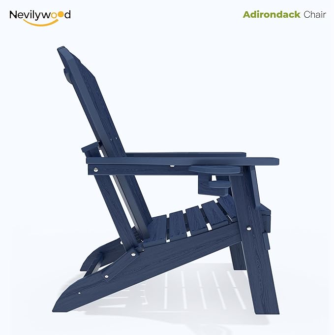Folding Adirondack Chair - Extended Ergonomic Backrest, Cup Holder - Easy Assembly - Durable HDPE Plastic, Weather Resistant & Maintenance-Free - Lawn, Patio, Deck Supports 380lbs NavyBlue