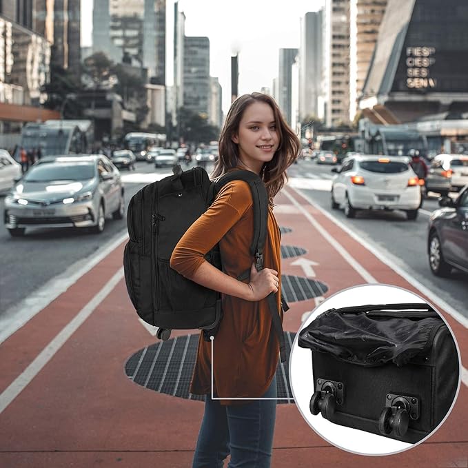 MATEIN Rolling Backpack with 4 Wheels, 17 inch Roller Travel Laptop Backpack for Women Men, Large Water Resistant Business Wheeled Bag, Airline Approved Carry on Luggage Suitcase Bag, Black