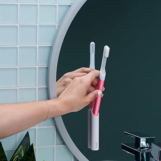 Quip Sonic Toothbrush for Adults with Timer - Includes Extra Brush Head and Travel Cover Mount - Electric, Soft Bristle Refill Head, Metal Handle, 3 Month Battery Life - Travel Toothbrush - Pink