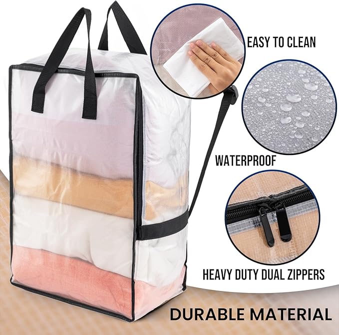 TAILI 2 Pack Clear Moving Bags w/Adjustable Backpack Straps, Moving Supplies, Moving Boxes Alternative, Heavy Duty Storage Totes for College Packing, Camping Backpack for Travel, Dorm, Laundry