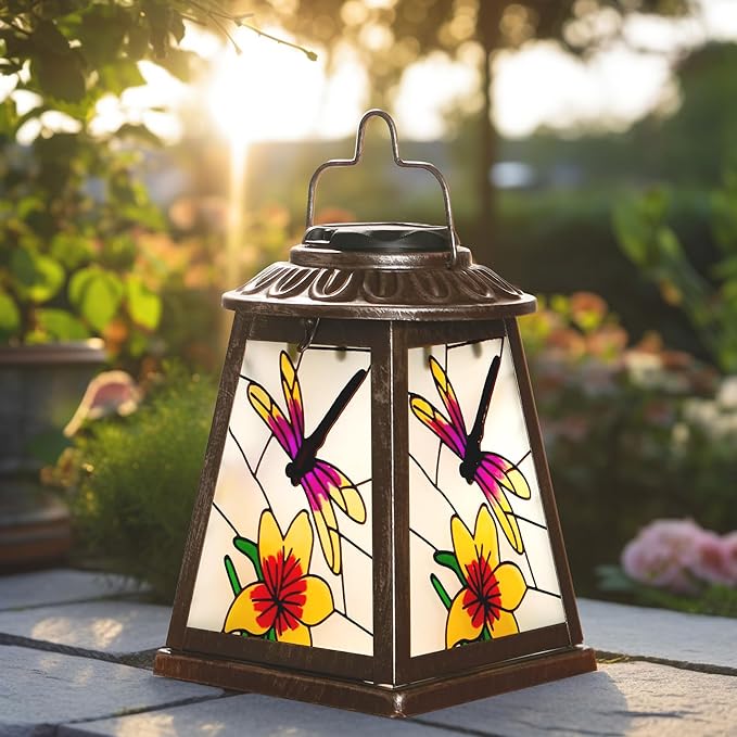Dragonfly Solar Lantern with Shepherd Hook, Outdoor Hanging Metal LED Garden Light Waterproof for Patio Yard Pathway, Vintage Dragonfly Lantern Decor and Thoughtful Garden Gift for Mom Grandma Women