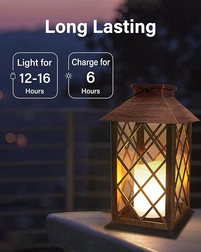 SHYMERY Solar Lanterns, Hanging Outdoor Lantern with Lasts 2X Longer LED Flickering Flameless Candles, Waterproof Outdoor Garden Lanterns Decorative for Patio, Porch,Deck, Yard, Table Decor 2 Pack