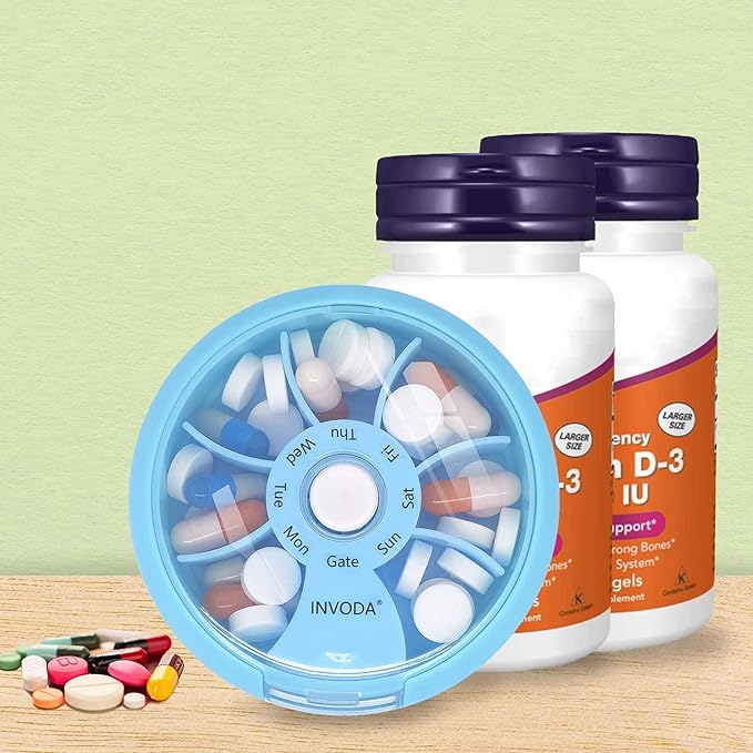 INVODA Weekly Pill Organizer 7 Compartment Rotating Pill Box for Daily Medication & Vitamins - Portable Travel Pill Case Fish Oil Supplements Vitamins Organizer (Sky Blue)