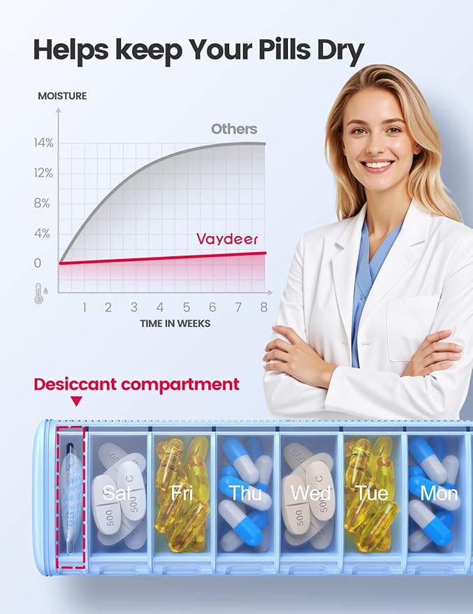 Vaydeer Metal Travel Pill Organizer, 7 Day Weekly Pill Box, Large Capacity Daily Cute Pill Case for Supplements, Pills, Vitamins and Medication (Small,Sliver)