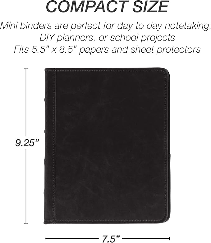 Samsill Vintage Leather Mini 3 Ring Binder 1 Inch Round Ring (Holds 200 Sheets), 5.5 x 8.5 Inch Documents, Professional Organizer, Planner, Notebook, Black