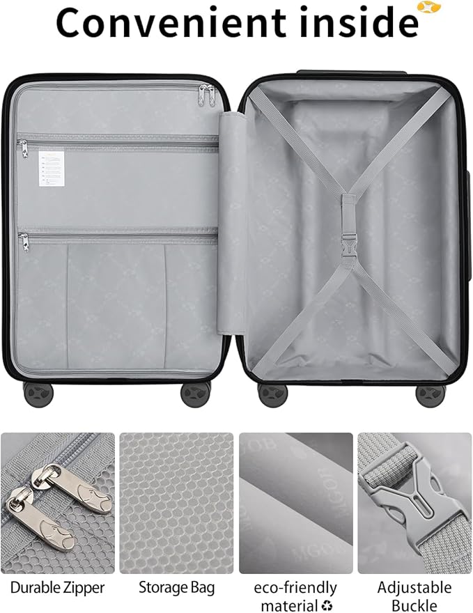 Carry On Luggage 22x14x9 Airline Approved, 20 Inch Ultra Lightweight Hardshell Suitcase with 8 Spinner Wheels & TSA Lock, Fits United, Delta, American Airlines Overhead Bins, Black