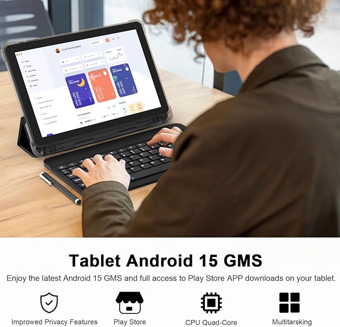 Android 15 Tablet 10 Inch, 20GB RAM+128GB ROM/2TB Expandable, 2 in 1 Tablets with Keyboard Case Mouse Stylus, 2.0GHz Quad-core Processor, 1280*800 IPS HD Screen, 5G WiFi 6 BT 5.0, 8MP Camera Tablet PC