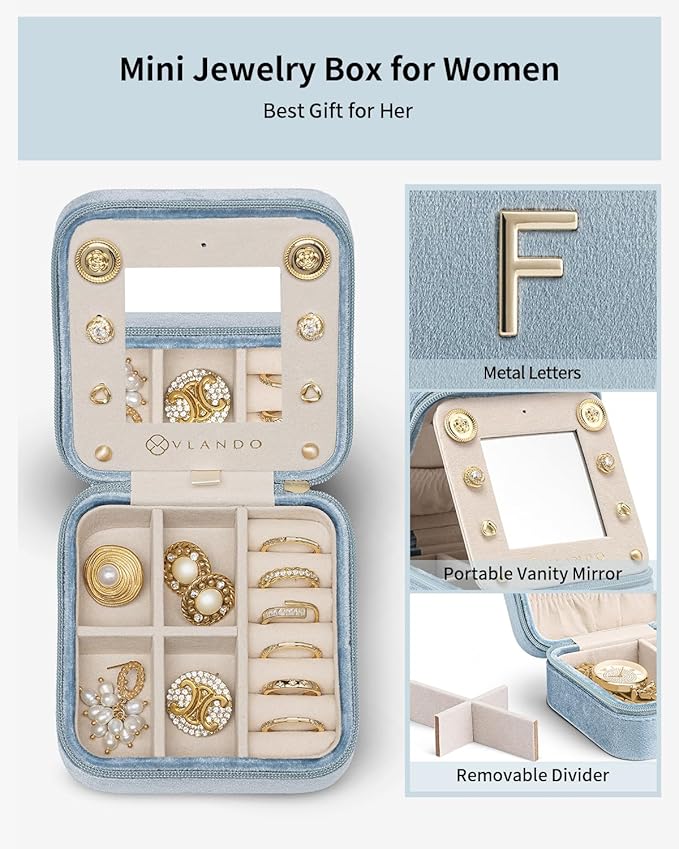 Vlando Jewelry Box for Aunt Gifts from Niece Nephew, Birthday Gifts for Aunt Auntie, Unique Gifts for Aunt Auntie Travel Jewelry Case, Auntie Gifts for Wedding Anniversary - Letter F, Blue