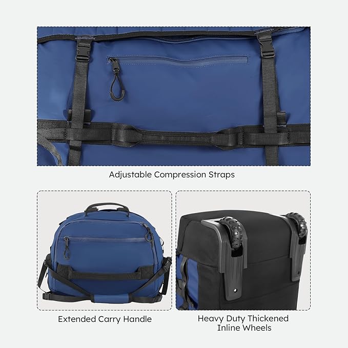 86L 30” Folding Duffle Backpack with 2 Wheels,Travel Bag with Separate Shoe Compartment,Navy Blue