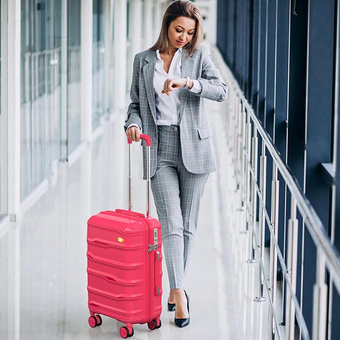 24 Inch Luggage with Spinner Wheels, Hard Shell Suitcase, Lightweight PP Luggages with TSA Lock, Checked-Medium Suitcases 24-Inch, Red