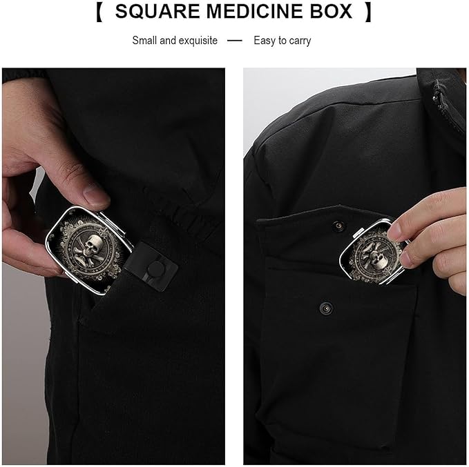Metal 2 Compartment Pill Organizer Travel Friendly Portable Compact Pill Box Cute Pill Case,for Pocket Wallets Daily Portable Medicine Vitamin Tablet Storage (Skull)