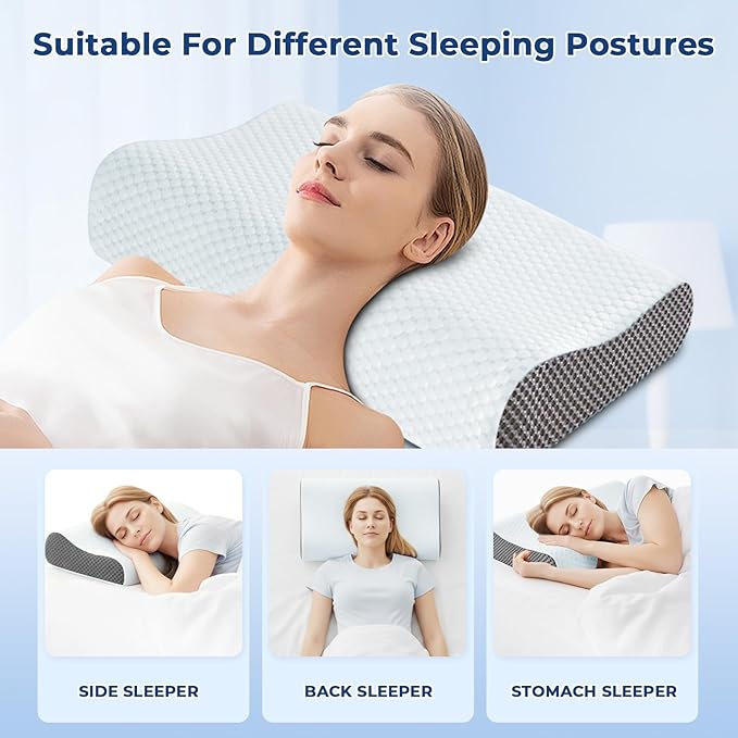 Memory Foam Pillows 2 Pack Neck Pillow - Neck Support Pillow for Pain Relief, Ergonomic Cervical Pillow for Sleeping, Orthopedic Contour Bed Pillow for Side, Back, Stomach Sleepers,Grey