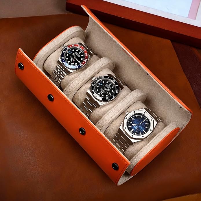 MOZSLY Watch Roll Travel Case 3 Slots Portable Watches Box Organizer Storage Holder Pattern PU Leather