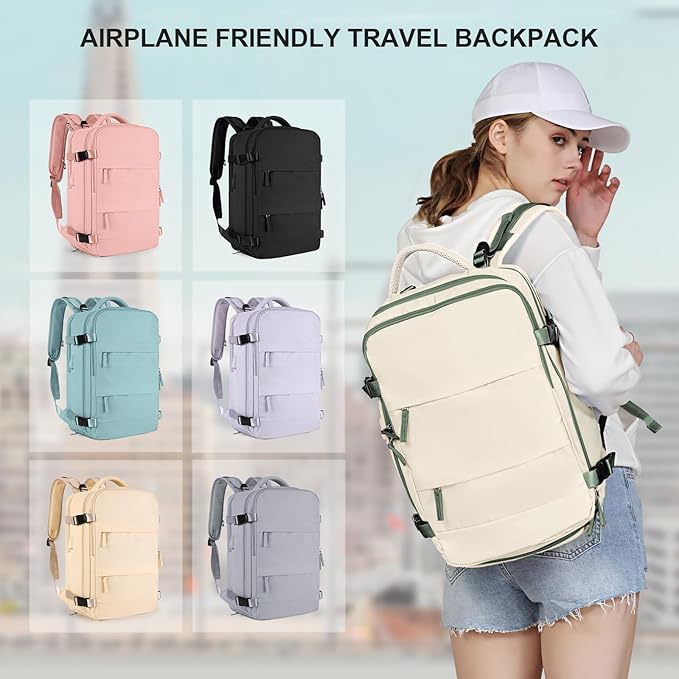 coowoz Large Travel Backpack for Women Men,Carry On Backpack Flight Approved,Hiking Backpack Outdoor Rucksack Casual Daypack Fit 15.6 Inch Laptop Shoes Compartment White Green L