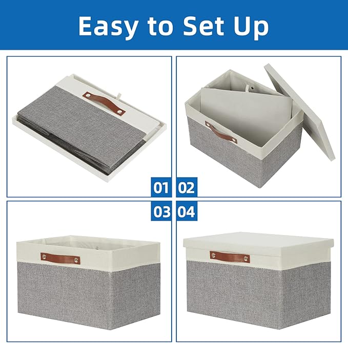 Temary Collapsible Storage Bins Storage Boxes with lid, 2 Pack Storage Baskets with Lid Organizing Clothes, Decorative Organizer Bins with Handles (White&Gray, 15x11x9.5inch)